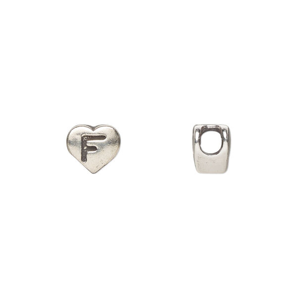 Bead, sterling silver, 7.5x7mm heart with alphabet letter "F." Sold individually. image number 0