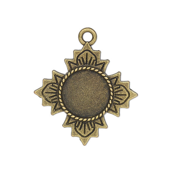 Drop, glue-in, antique brass-finished "pewter" (zinc-based alloy), 26mm single-sided flower with 12mm round setting. Sold per pkg of 2. image number 0