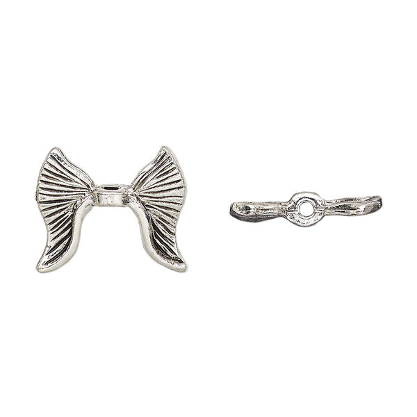 Bead, pewter (tin-based alloy), pkg/1, antique silver plate, 16x14mm textured wing, fits 5.5mm bead. image number 0