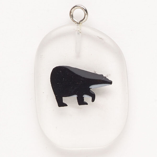 Focal, steel/glass/enamel, pkg/1, silver finish/clear/black, 33x26mm single-sided puffed freeform with bear. image number 0