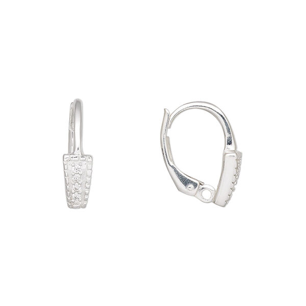 Ear wire, cubic zirconia and sterling silver, clear, 14.5mm leverback with rectangle and loop. Sold per pair. image number 0