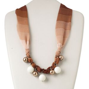 Necklace, polyester / acrylic / antiqued copper-coated plastic / silver- and antiqued copper-finished steel, brown and white, 17mm round, 24 inches with 2-inch extender chain and lobster claw clasp. Sold individually.