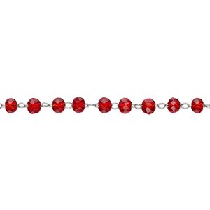 Chain 1pkg1 beaded, 3.5mm faceted rondelle, red glass / stainless steel 1 yard unfinished