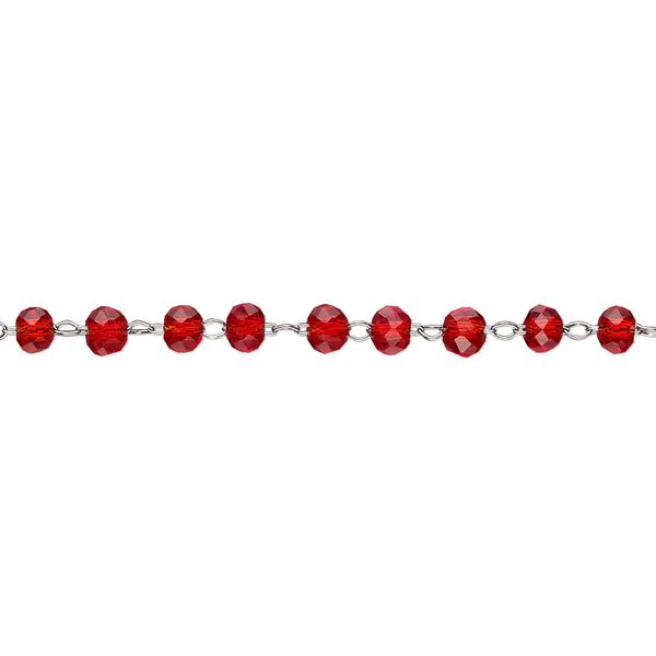 Chain, glass and stainless steel, red, 3.5mm faceted rondelle. Sold per pkg of 1 yard. image number 0