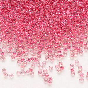 Seed bead, Miyuki, glass, pkg/25g, #11 rocaille, translucent carnation pink-lined luster crystal clear (RR-208).