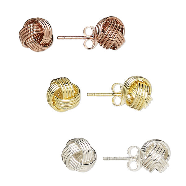 Earstud, sterling silver / gold- / rose gold-finished sterling silver, 8.5mm knot with post. Sold per pkg of 3 pairs. image number 0