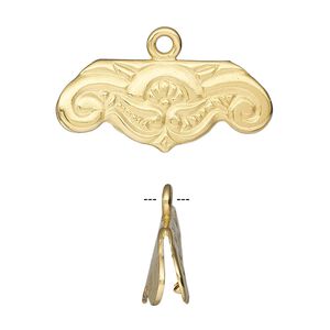Ribbon crimp end, JBB Findings, gold-plated brass, 30x12mm single-sided with fancy design. Sold individually.