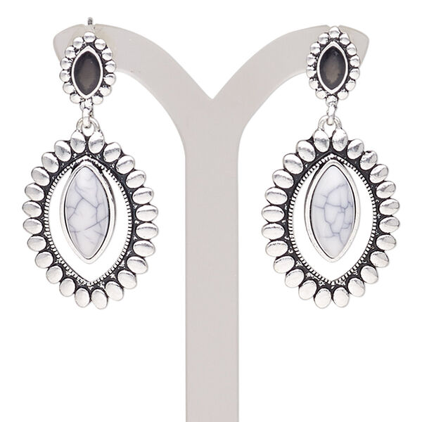 Earring, magnesite (stabilized) / epoxy / antique silver-plated steel / "pewter" (zinc-based alloy), white and black, 43mm with marquise and post. Sold per pair. image number 0