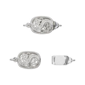 Clasp tab 1pkg4 silver-plated, 12x9mm filigree oval, brass antique 1-strand
