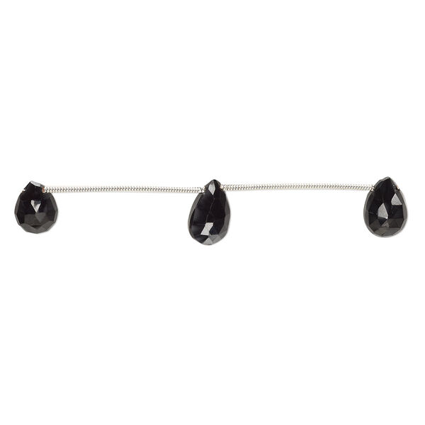 Bead, black spinel (natural), 9x7mm-12x8mm hand-cut top-drilled faceted puffed teardrop, B grade, Mohs hardness 8. Sold per pkg of 6 beads. image number 0