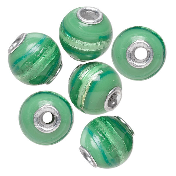Bead, Dione®, lampworked glass and aluminum, opaque green and emerald green with silver-colored foil, 14mm round with 3mm hole. Sold per pkg of 6. image number 0