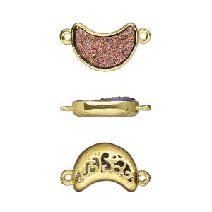 Link, Druzylite™, "druzy" (resin) and gold-finished brass, metallic purple, 14x10mm two-sided moon with open filigree back. Sold per pkg of 4.