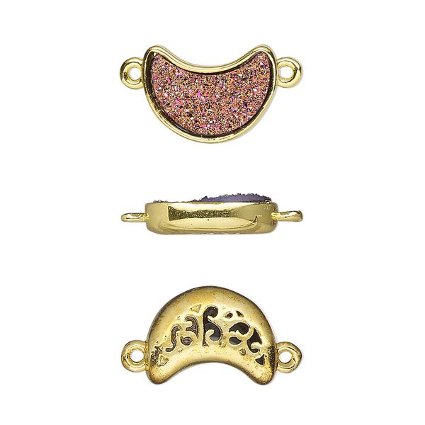 Link, Druzylite™, "druzy" (resin) and gold-finished brass, metallic purple, 14x10mm two-sided moon with open filigree back. Sold per pkg of 4. image number 0