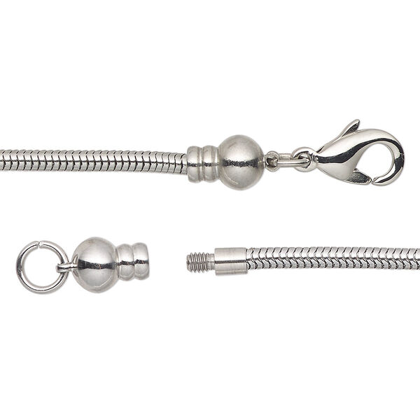 Dione® Easy-On Chain, stainless steel, 2.4mm snake, 7-1/2 inches with 3.2mm threaded ball end and lobster claw clasp. Sold individually. image number 0