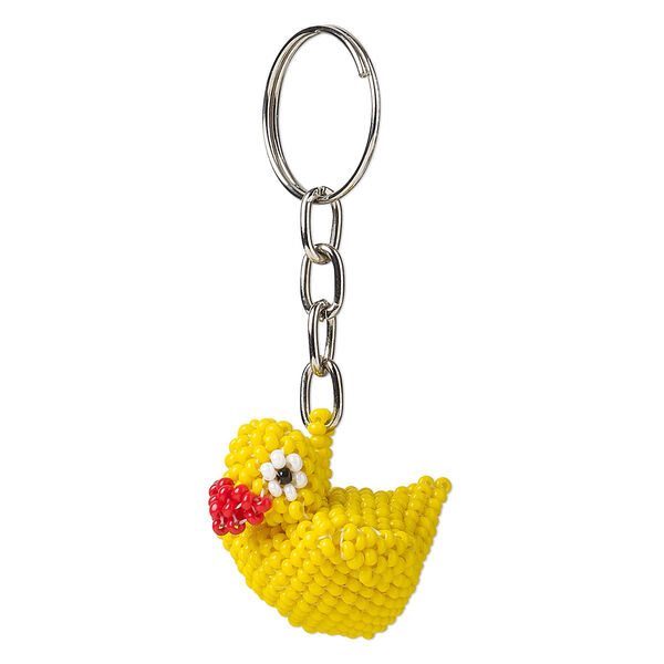 Keychain, nylon / glass / stainless steel, multicolored, 32x28x27mm duck, 2-3/4 inches with spit ring. Sold individually. image number 0