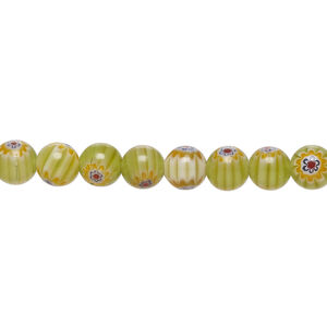 Bead, millefiori glass 1pkg1, translucent green / golden yellow / multicolored, 6mm round, 15 inches.