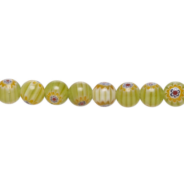 Bead, millefiori glass 1pkg1, translucent green / golden yellow / multicolored, 6mm round, 15 inches. image number 0