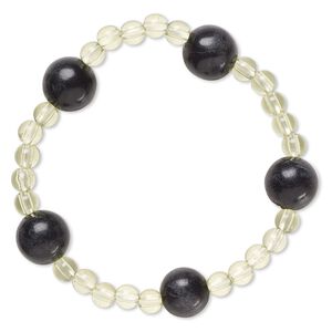 Bracelet, stretch, blackstone (dyed) and acrylic, light green, 5mm and 12-13mm round, 6-1/2 inches. Sold individually.