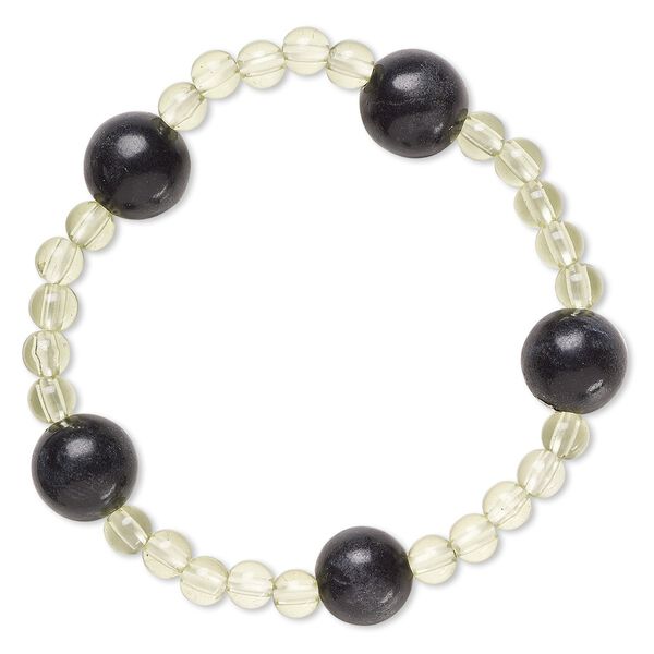 Bracelet, stretch, blackstone (dyed) and acrylic, light green, 5mm and 12-13mm round, 6-1/2 inches. Sold individually. image number 0