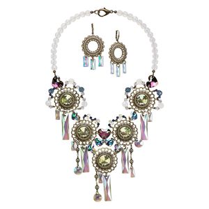 Necklace and earring set, One of a Kind Jewelry, antique gold-finished brass and crystal, multi-pinks, 20-inch necklace. Only one available.