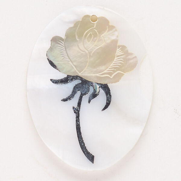Focal, mother-of-pearl shell / golden lip shell (natural) / enamel, black, 39x29mm-42x32mm top-drilled single-sided flat oval with rose, Mohs hardness 3-1/2. Sold individually. image number 0