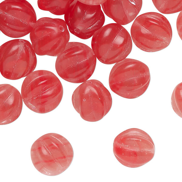 Bead, Czech pressed glass, translucent light red, 10mm corrugated round. Sold per 2-ounce pkg, approximately 50 beads. image number 0