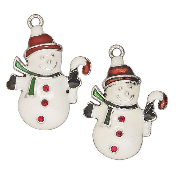 Charm, antique silver-finished "pewter" (zinc-based alloy) / enamel / glass, white, red/green/black, 26x22mm snowman with candy cane. Sold per pkg of 2. image number 0