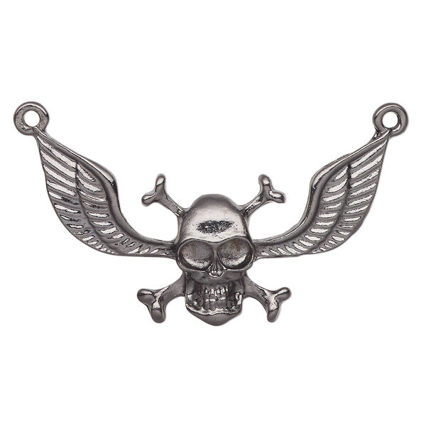 Focal, gunmetal-finished "pewter" (zinc-based alloy), 49x22mm skull with crossbones and wings. Sold individually. image number 0
