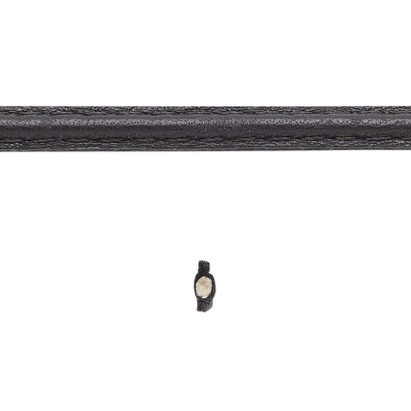 Cord, leather and cotton (dyed), black, 5-6mm double-stitched flat. Sold per 1-yard section. image number 0