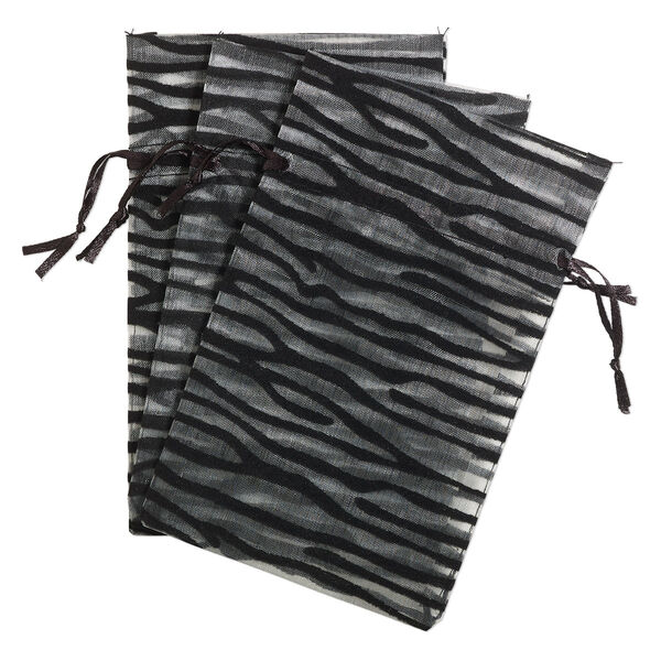 Pouch, satin and flocked organza, grey and black, 6x4-inch rectangle with zebra design and drawstring. Sold per pkg of 3. image number 0