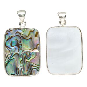 Pendant, silver-finished brass / paua shell / mother-of-pearl shell (assembled), 46x35mm-46x37mm rectangle. Sold individually.