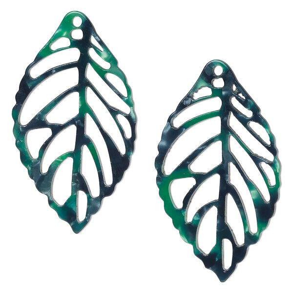 Focal, resin, green and dark green, 39x22mm leaf with cutouts. Sold per pkg of 4. image number 0