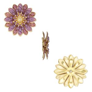 Component, epoxy and gold-finished copper, purple with purple glitter, 30.5x28.5mm center-drilled single-sided flower. Sold per pkg of 2.