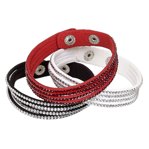 Bracelet, 4-strand, acrylic rhinestone / faux suede / imitation rhodium-plated steel, assorted colors, 13mm wide, adjustable at 6-1/2 and 7 inches with snap closure. Sold per pkg of 3. image number 0