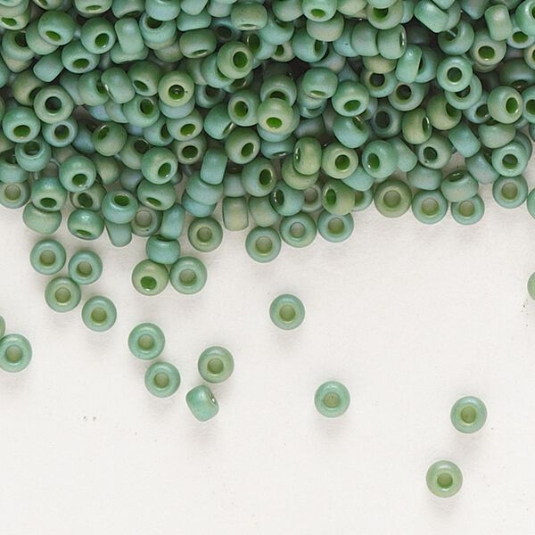 Seed bead, Miyuki, glass, pkg/25g, #11 rocaille, opaque matte rainbow turtle green, (RR-4699). image number 0