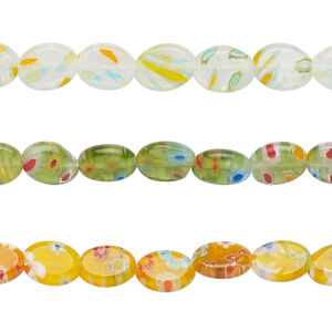 Bead mix, millefiori glass, translucent white / green / yellow and multicolored, 8x6mm puffed oval with flower design. Sold per pkg of (3) 14-inch strands, approximately 155 beads.