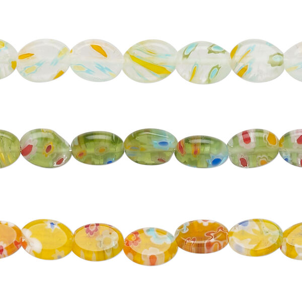 Bead mix, millefiori glass, translucent white / green / yellow and multicolored, 8x6mm puffed oval with flower design. Sold per pkg of (3) 14-inch strands, approximately 155 beads. image number 0