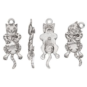 Charm, pewter (tin-based alloy), pkg/1, antiqued, 29.5x13mm single-sided cat with moving head and tail.