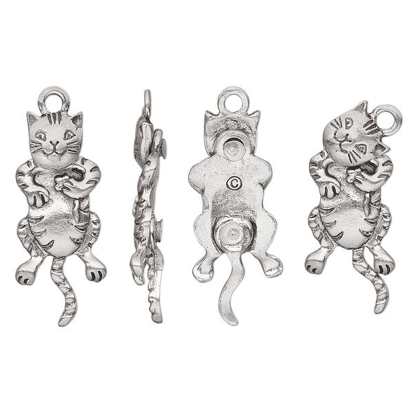 Charm, pewter (tin-based alloy), pkg/1, antiqued, 29.5x13mm single-sided cat with moving head and tail. image number 0