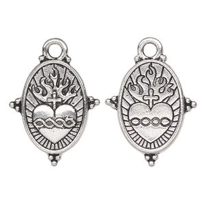 Drop, TierraCast®, antique silver-plated pewter, 25x21mm 2-sided beaded oval with sacred heart. Sold per pkg of 10.