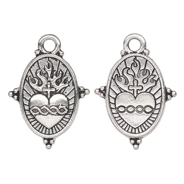 Drop, TierraCast®, antique silver-plated pewter, 25x21mm 2-sided beaded oval with sacred heart. Sold per pkg of 10. image number 0