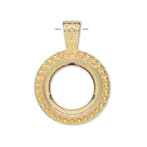 Pendant, gold-plated "pewter" (zinc-based alloy), 31x22.5mm round with rope design and 16mm round setting. Sold per pkg of 4.