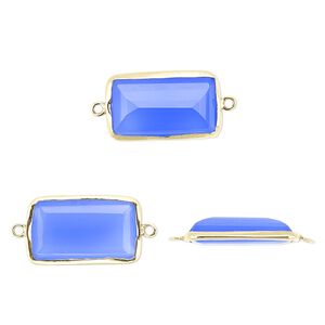 Link, blue chalcedony (dyed) and gold-finished sterling silver, 22x13mm two-sided faceted rectangle. Sold per pkg of 2.