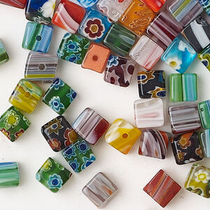 Bead mix, millefiori glass, translucent and transparent multicolored, 5-7mm cube. Sold per 2-ounce pkg, approximately 120 beads.