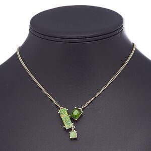 Necklace, glass rhinestone / glass / resin / gold-finished brass / steel, green / light green / opalescent light green, rectangle, 16 inches with 2-inch extender chain and lobster claw clasp. Sold individually.