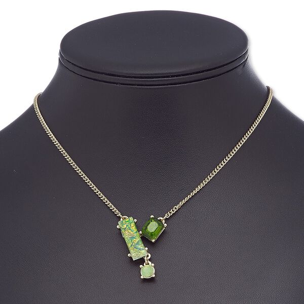 Necklace, glass rhinestone / glass / resin / gold-finished brass / steel, green / light green / opalescent light green, rectangle, 16 inches with 2-inch extender chain and lobster claw clasp. Sold individually. image number 0