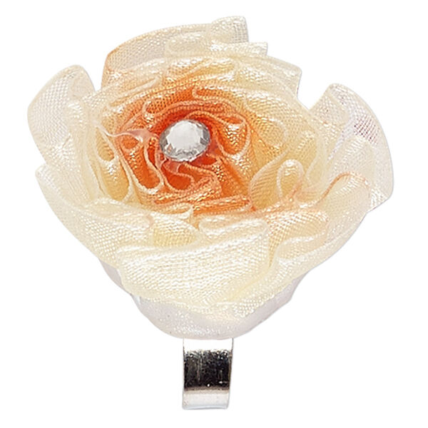 Ring, organza / acrylic rhinestone / silver-finished steel, cream / orange / clear, 30x30mm-35x35mm flower, adjustable. Sold individually. image number 0