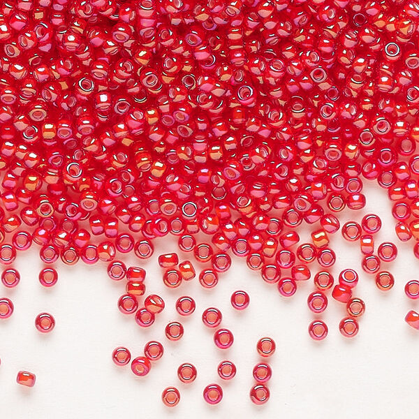 Seed bead, Miyuki, glass, pkg/25g, #11 rocaille, opaque white-lined luster flame red, (RR-3762). image number 0