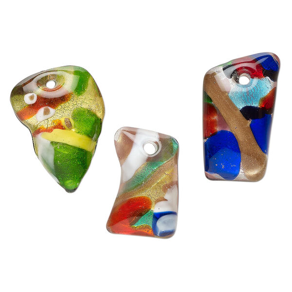 Random focal mix, lampworked glass, translucent mixed colors, 33x21mm-46x30mm domed freeform with copper-colored glitter and silver-colored foil. Sold per pkg of 3. image number 0