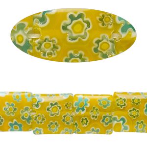 Bead, millefiori glass, translucent yellow / blue / white, 11mm-13x12mm puffed square with flower design. Sold per 14-inch strand.